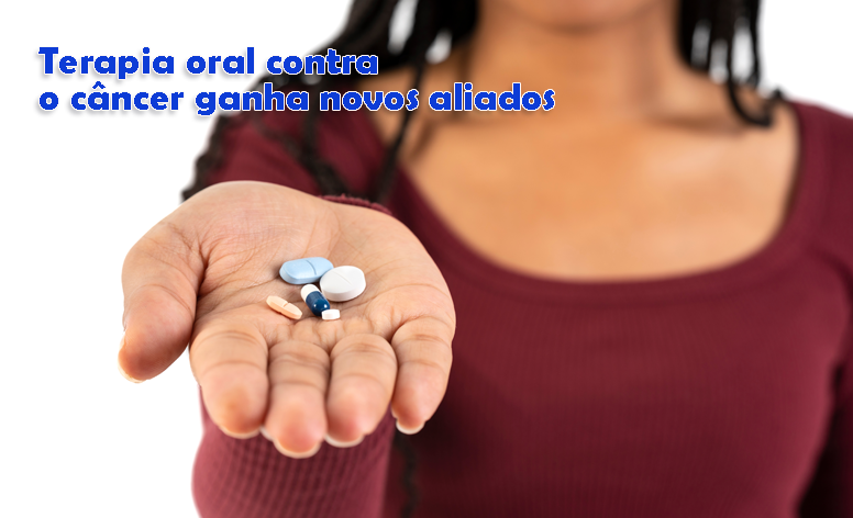 Foto de uma mulher, com close na palma da sua mão segurando vários comprimidos diferentes
