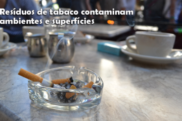 Foto de uma mesa de uma cafeteria, com um cinzeiro com cigarros apagados e um aceso