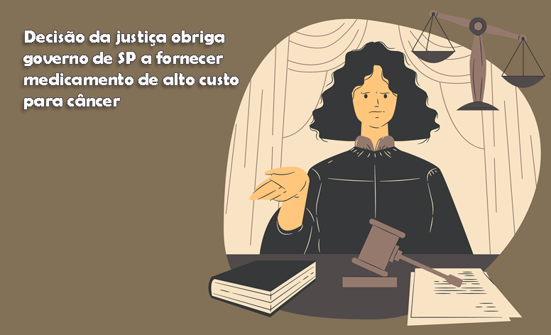 Ilustração de uma juíza, em sua mesa há um livro de direito, martelo, documentos e , ao fundo, em cor marrom, a balança que representa a justiça