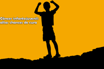 Ilustração de uma criança com os dois braços para cima, comemorando uma vitória, em cima de um morro