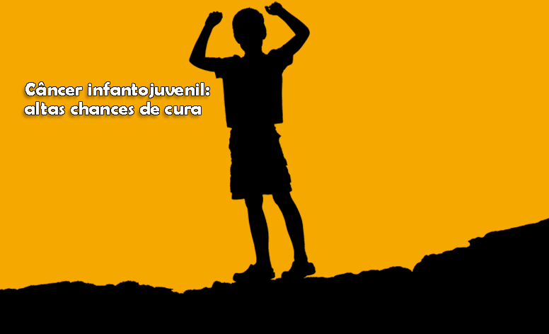 Ilustração de uma criança com os dois braços para cima, comemorando uma vitória, em cima de um morro