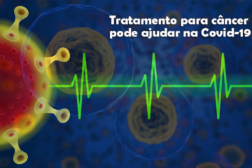 Imagem de células do sistema imunológico sobrepostas ao vírus da Covid-19, com uma linha verde de batimentos cardíacos ao fundo