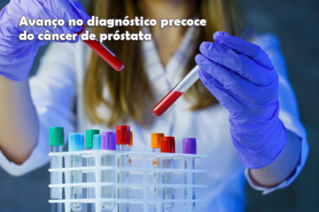 Mulher cientista com luvas pega em tubos com sangue para realizar exame com as amostras