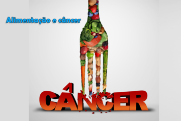 Ilustração de um garfo formado por verduras, legumes, grãos, frutas e vegetais, esmagando a palavra câncer