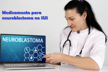 Foto de uma médica, apontando para a tela de um notebook onde vemos em destaque a palavra neuroblastoma e abaixo dela ícones de saúde, como injeção, tubo de ensaio, estestocópio