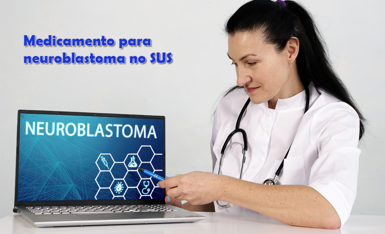 Foto de uma médica, apontando para a tela de um notebook onde vemos em destaque a palavra neuroblastoma e abaixo dela ícones de saúde, como injeção, tubo de ensaio, estestocópio