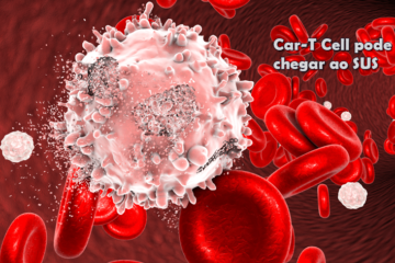 Imagem ilustrativa de diversas céluas sanguíneas vermelhas, uma delas esbranquiçada, referindo-se a um câncer como leucemia,sendo combatida por um tratamento