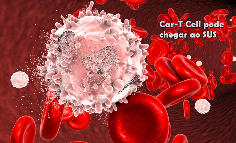 Imagem ilustrativa de diversas céluas sanguíneas vermelhas, uma delas esbranquiçada, referindo-se a um câncer como leucemia,sendo combatida por um tratamento