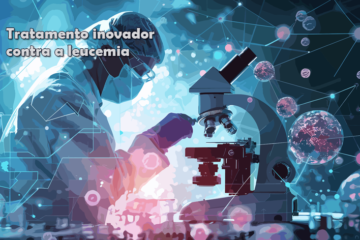 Ilustração de um homem com avental médico, touca, máscara e óculos de proteção analisando uma lâmina em um microscópio tendo ao fundo e sobre a imagem ilustração de células que se ligam