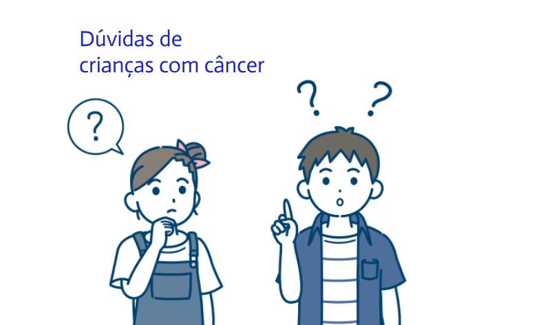 Ilustração de uma meni,a vestida com um macacão azul e camiseta branca e um menino com camiseta branca listrada de azul com uma camise azul de manga curta por cima. Ambos têm pontos de interrogação sobre a cabeça que remetem à dúvida